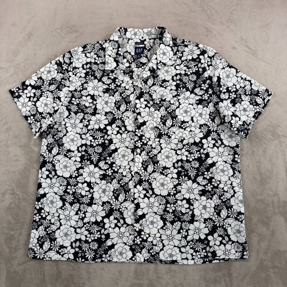 Gap Linen Blend Camp Resort Shirt in Black White Mothers Day Flora Men XL NWOT